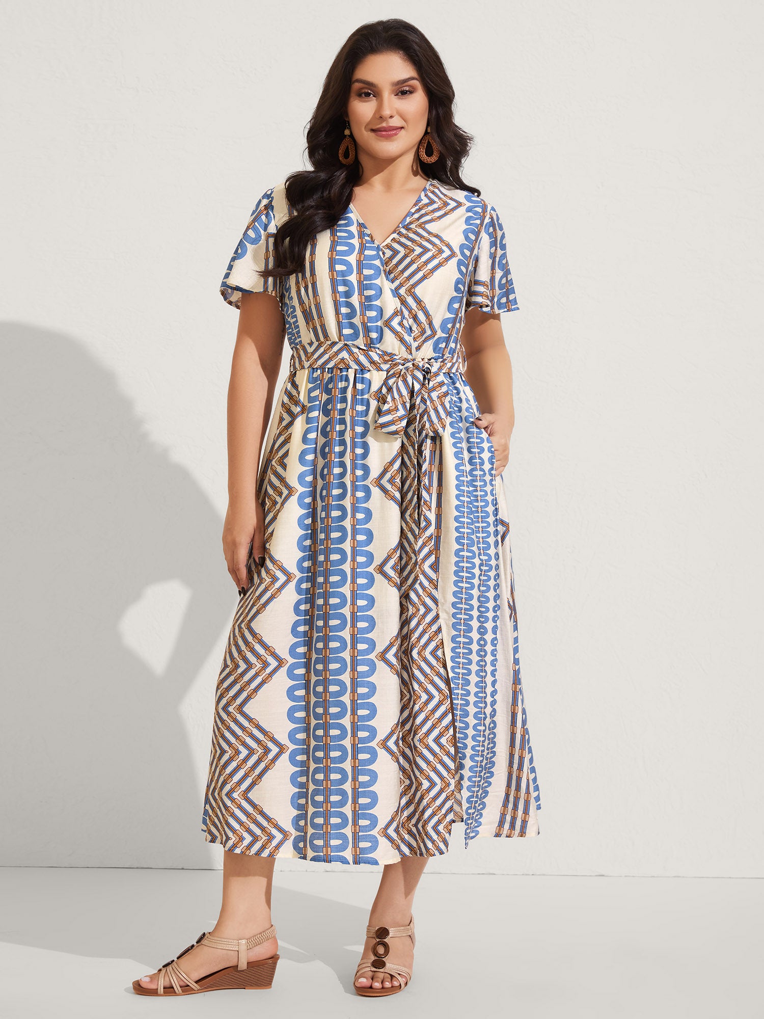 Stripe Geometric Print Slit Maxi Dress