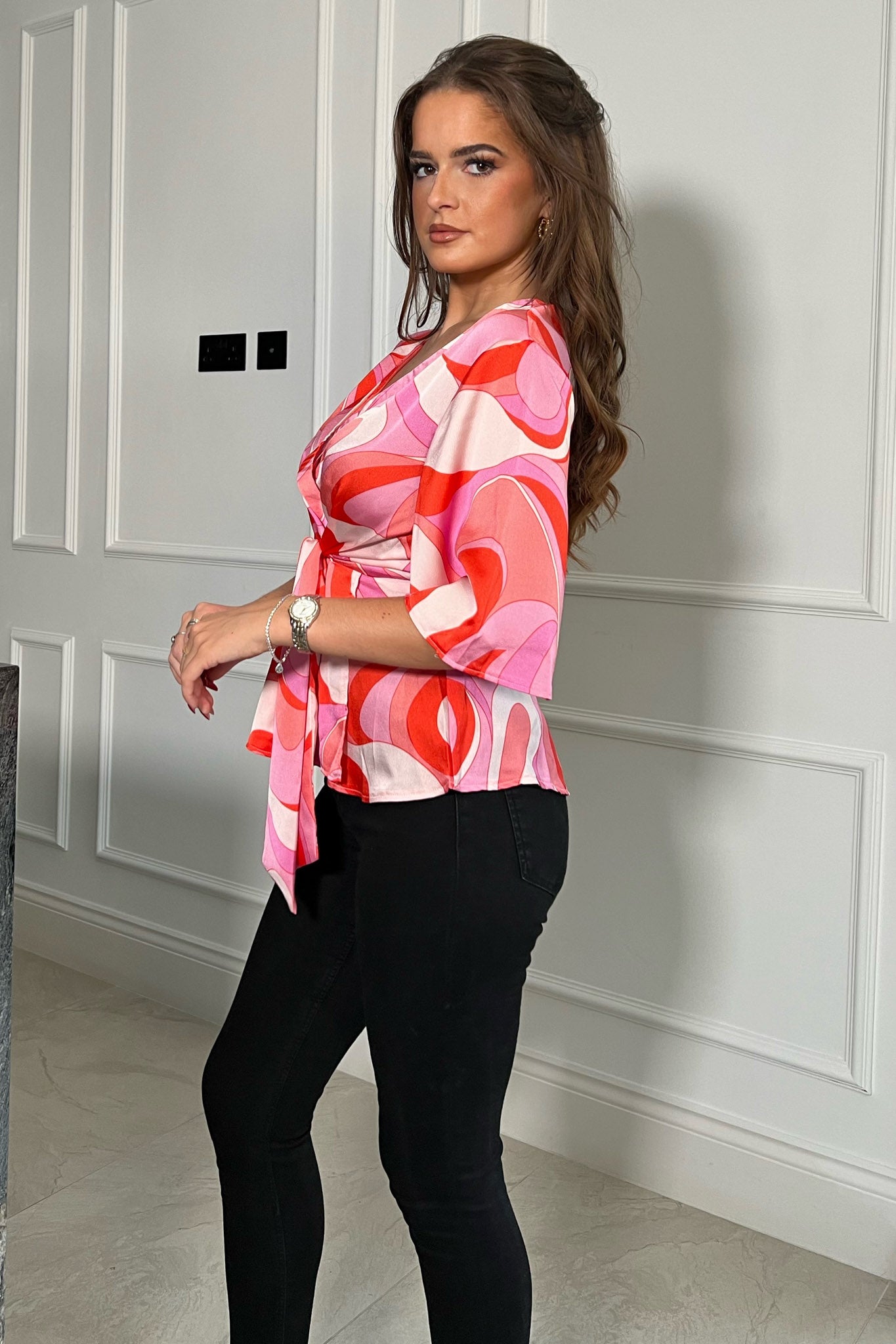 Brooke Wrap Detail Top Pink Print
