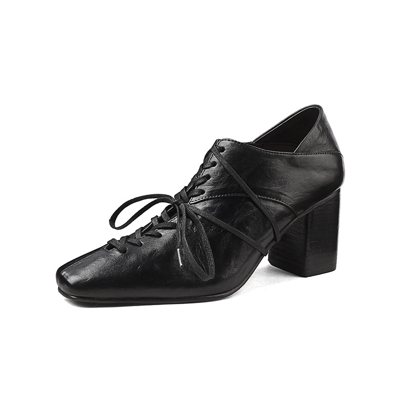70mm Block Heel Washed Horsehide Leather Ballet-Inspired Lace-Up Pumps in Red/Black