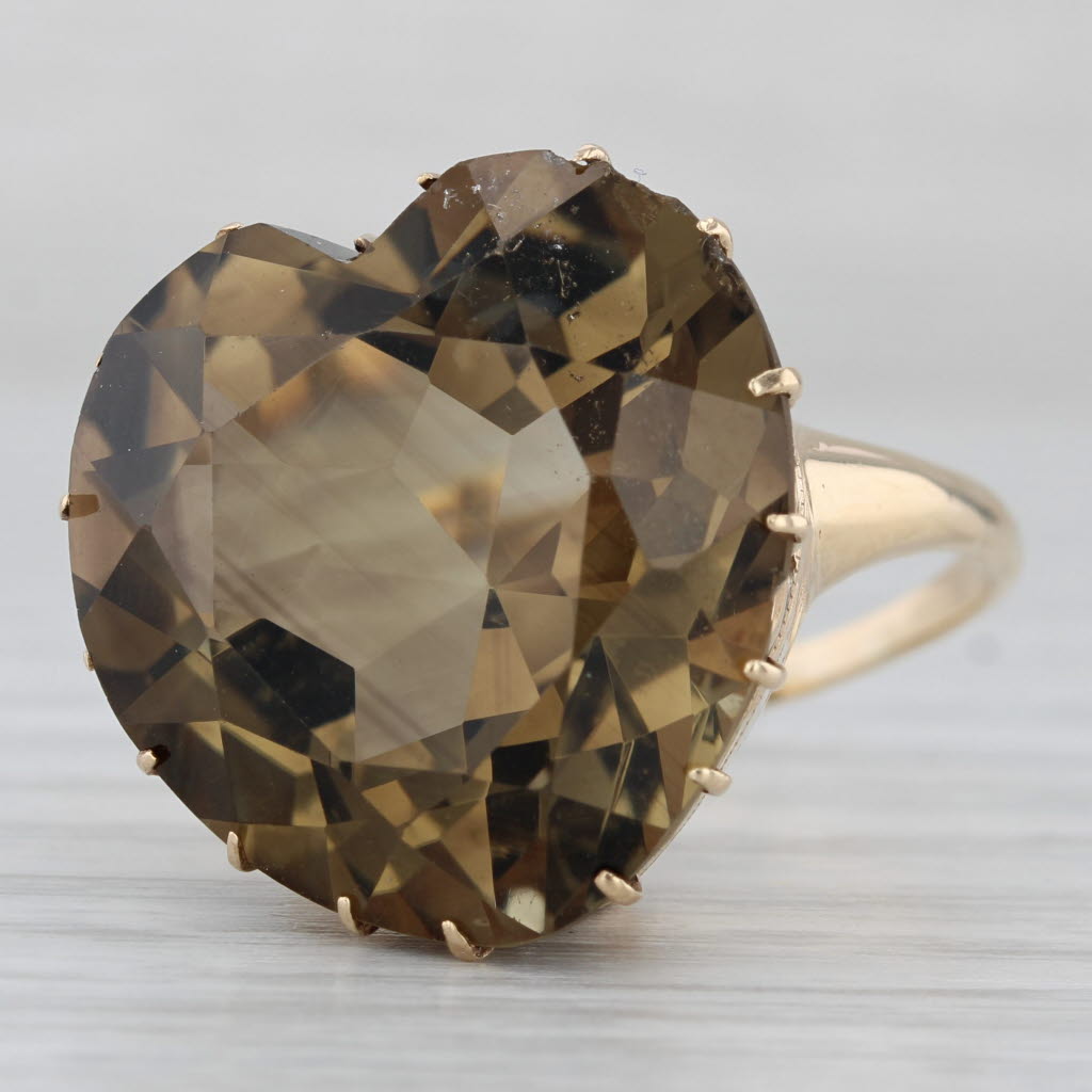 Large 26ct Smoky Quartz Heart Ring 14k Yellow Gold Size 7.25 Statement Cocktail