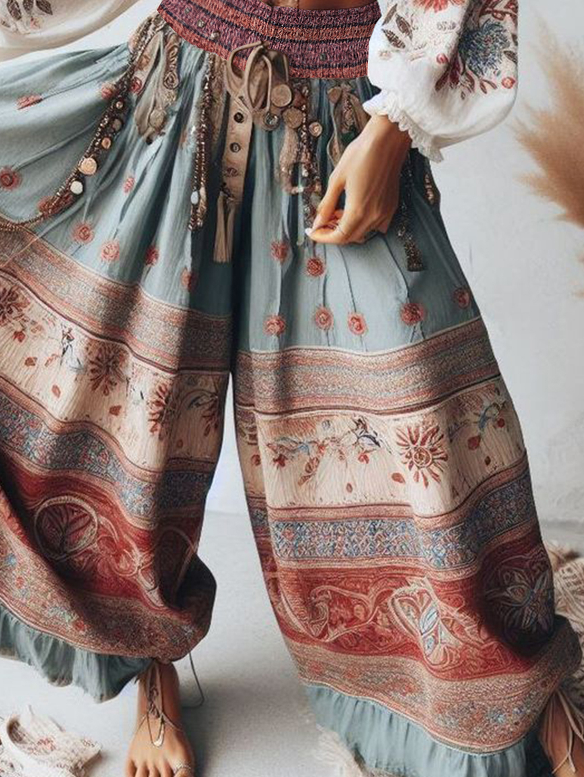 Boho Patchwork High Waist Wide Leg Ruffle Pants