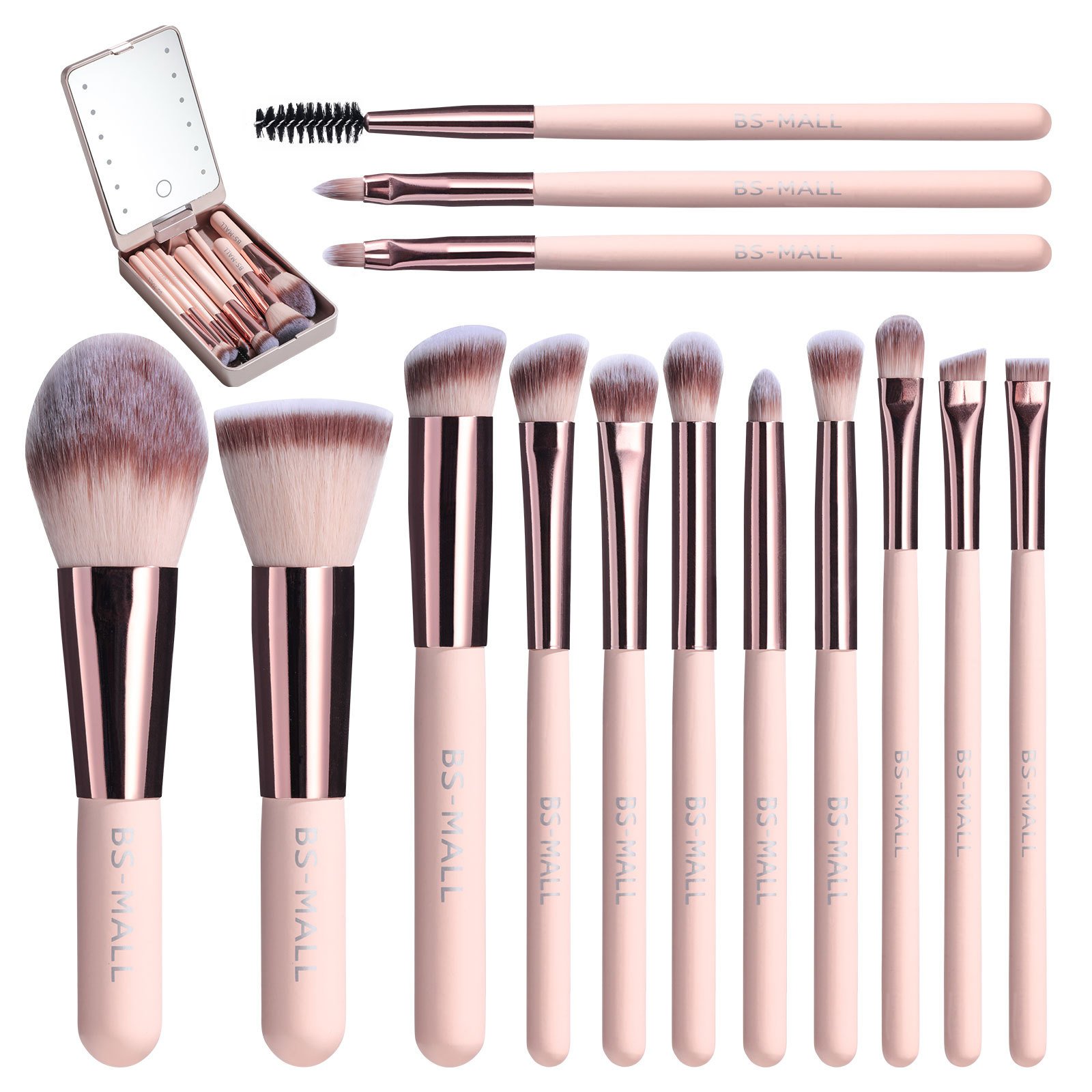 ✨Travel Makeup Brush Set With LED Light Mirror (🔥14PCS Brushes And 🎁Free Makeup Sponge)