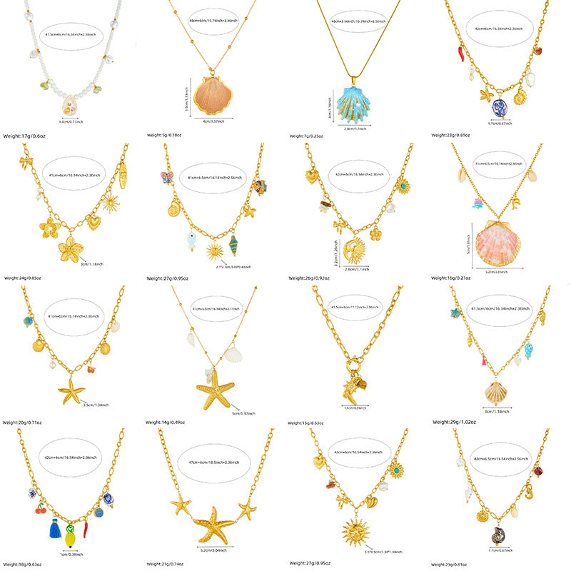 Fashion Holiday Advanced Multi-Element Marine Life Pendant Shell Starfish Sun Stainless Steel Necklace