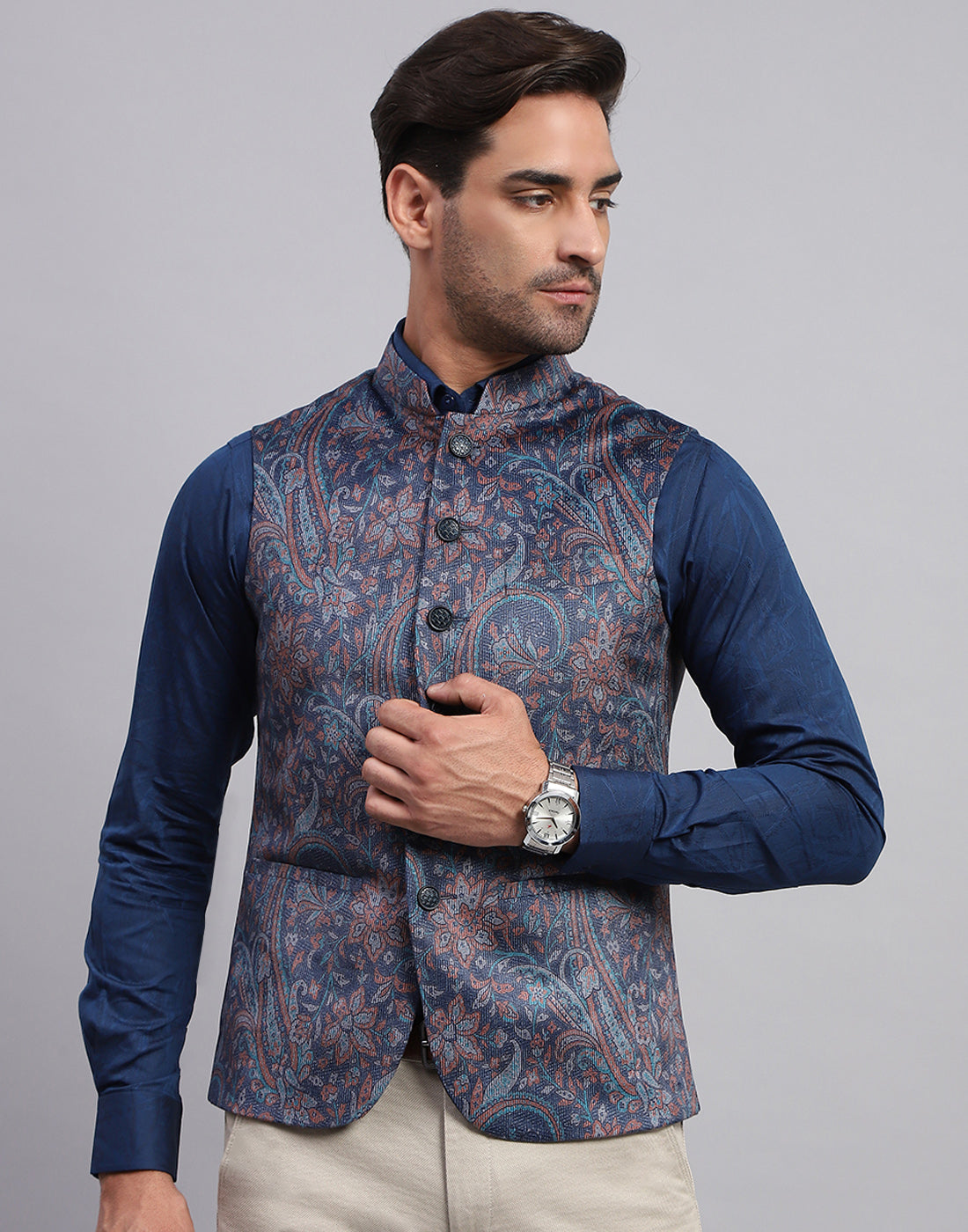 Men Multicolor Floral Print Band Collar Sleeveless Nehru Jacket