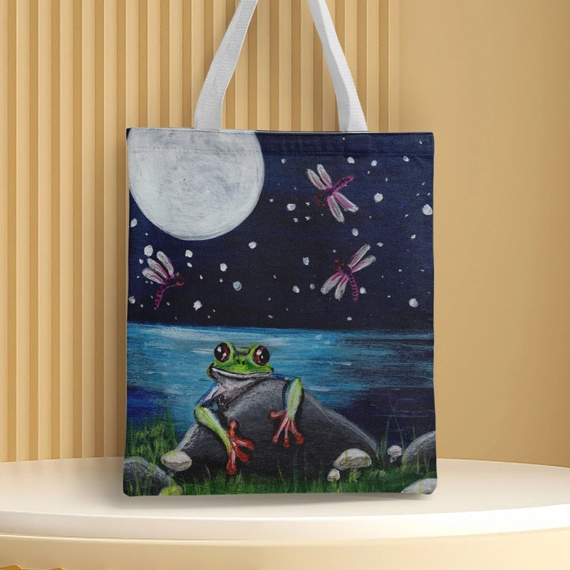 Women's Medium Canvas Frog Basic Classic Style Square Open Canvas Bag