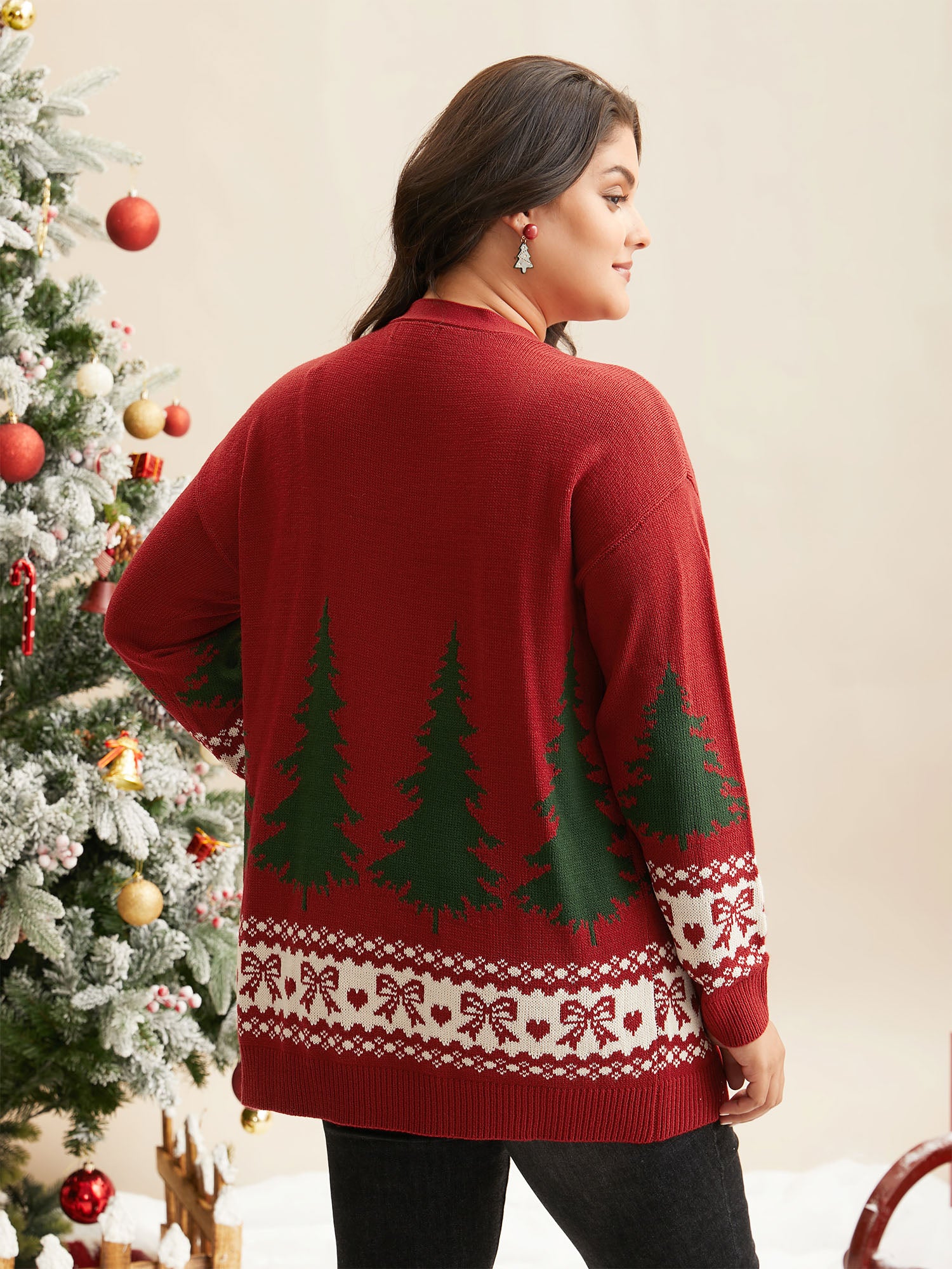 Festive Trees Pattern Open Cardigan