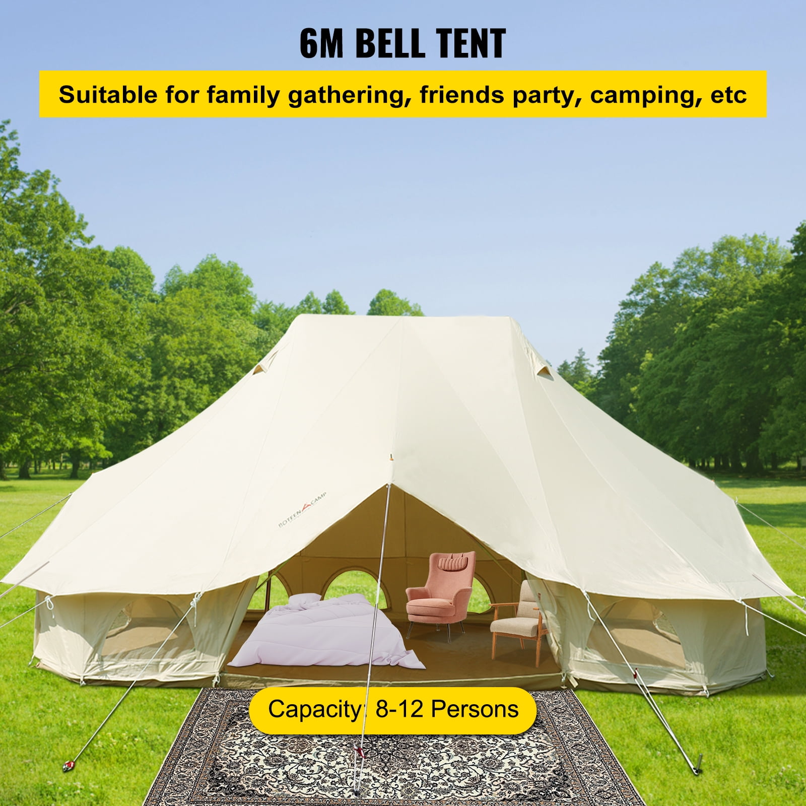 VEVORbrand Canvas Bell Tent 19.7x13.1x9.8 ft Yurt Beige Canvas Tent Cotton Glamping Tents 8-12 Person