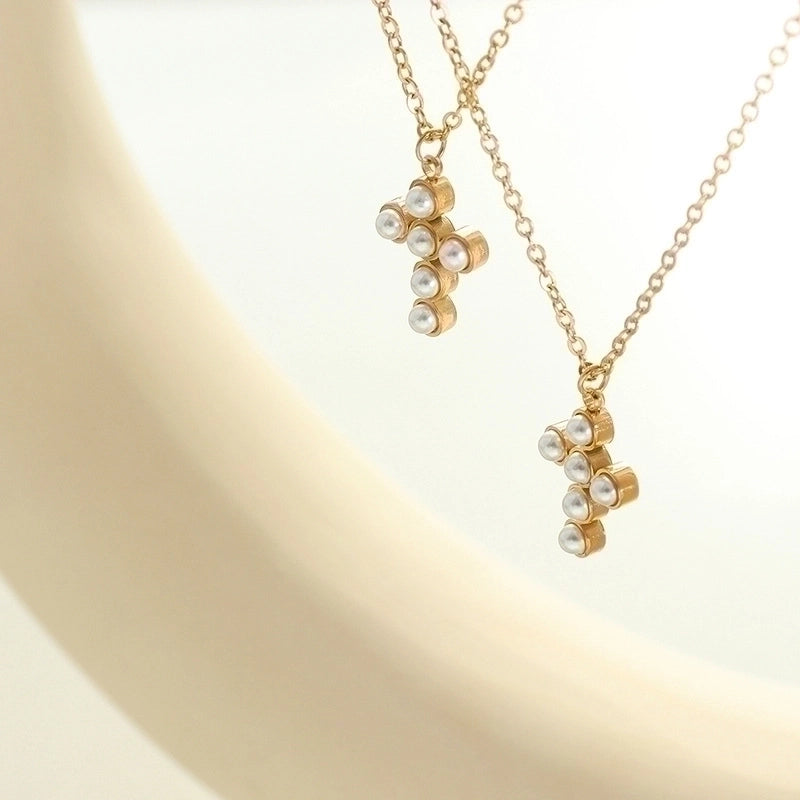 Minimalist Cross 304 Stainless Steel Artificial Pearls 18K Gold Plated Plating Inlay Pendant Necklace