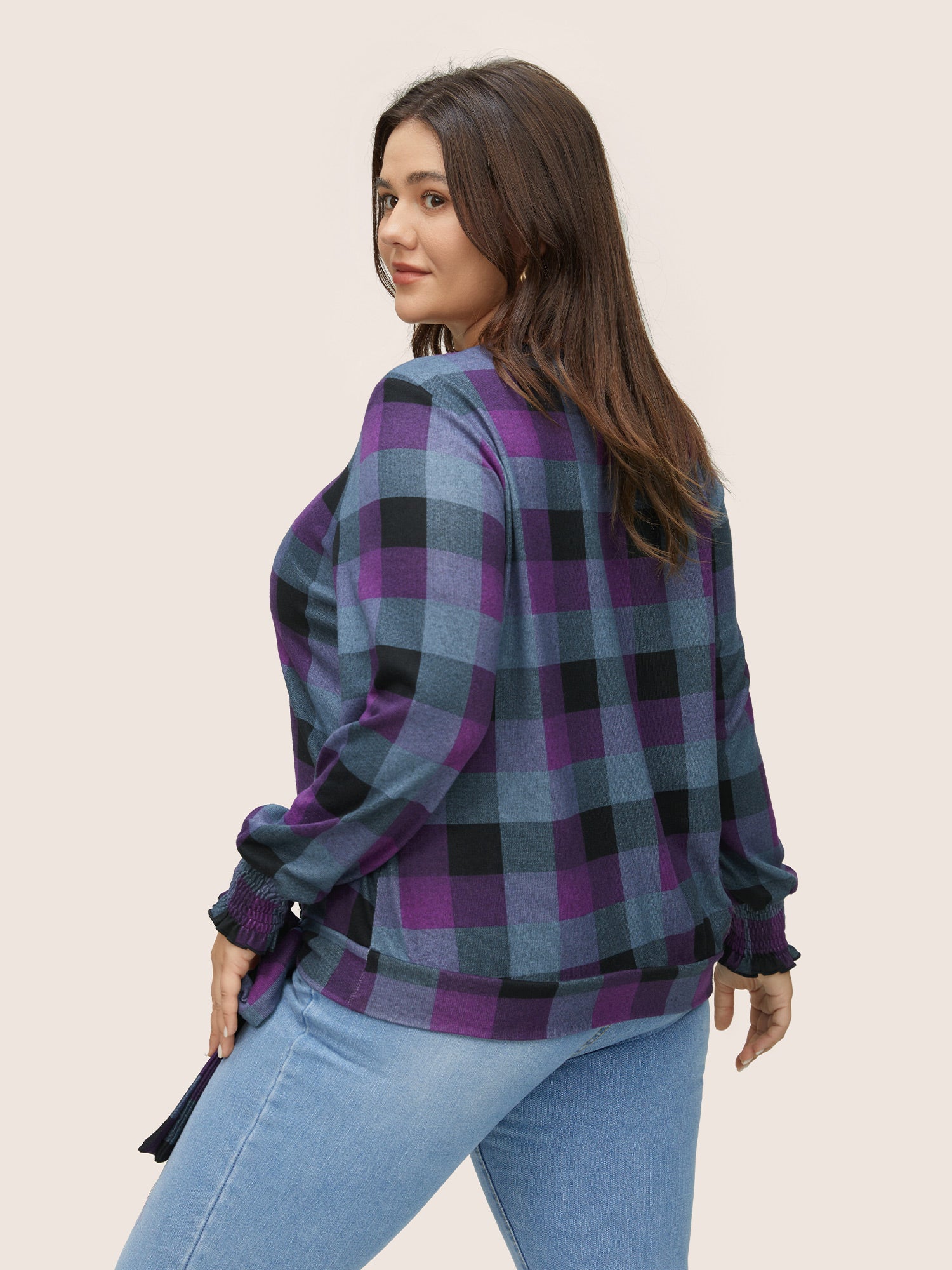 Plaid Shirred Cuffs Bowknot Detail T-shirt