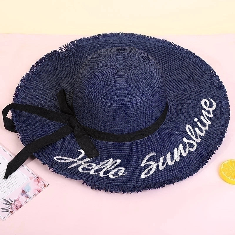 Fashion Wide-brimmed Outdoor Streamer Letter Printing Straw Sunscreen Hat