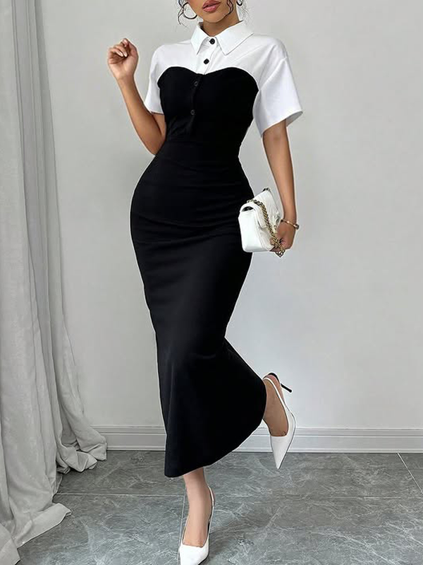 Bodycon Short Sleeves Buttoned Contrast Color Split-Joint Lapel Midi Dresses