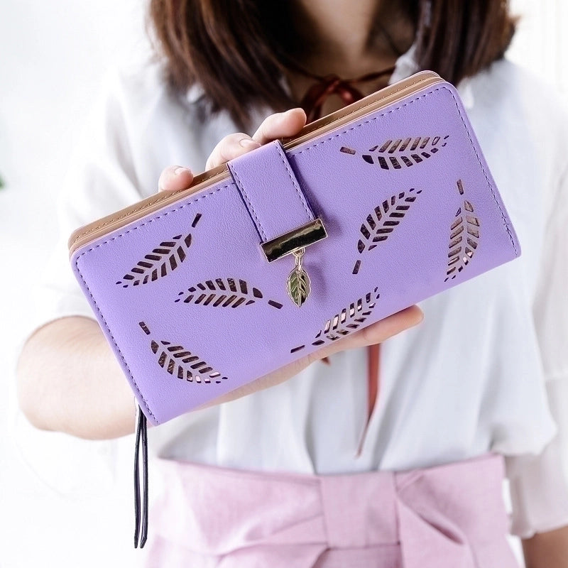 Women's Leaves Solid Color Pu Leather Hollow Zipper Buckle Wallets