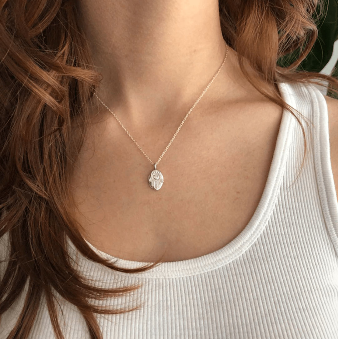 Rustic Hamsa Silver Necklace with Crystal