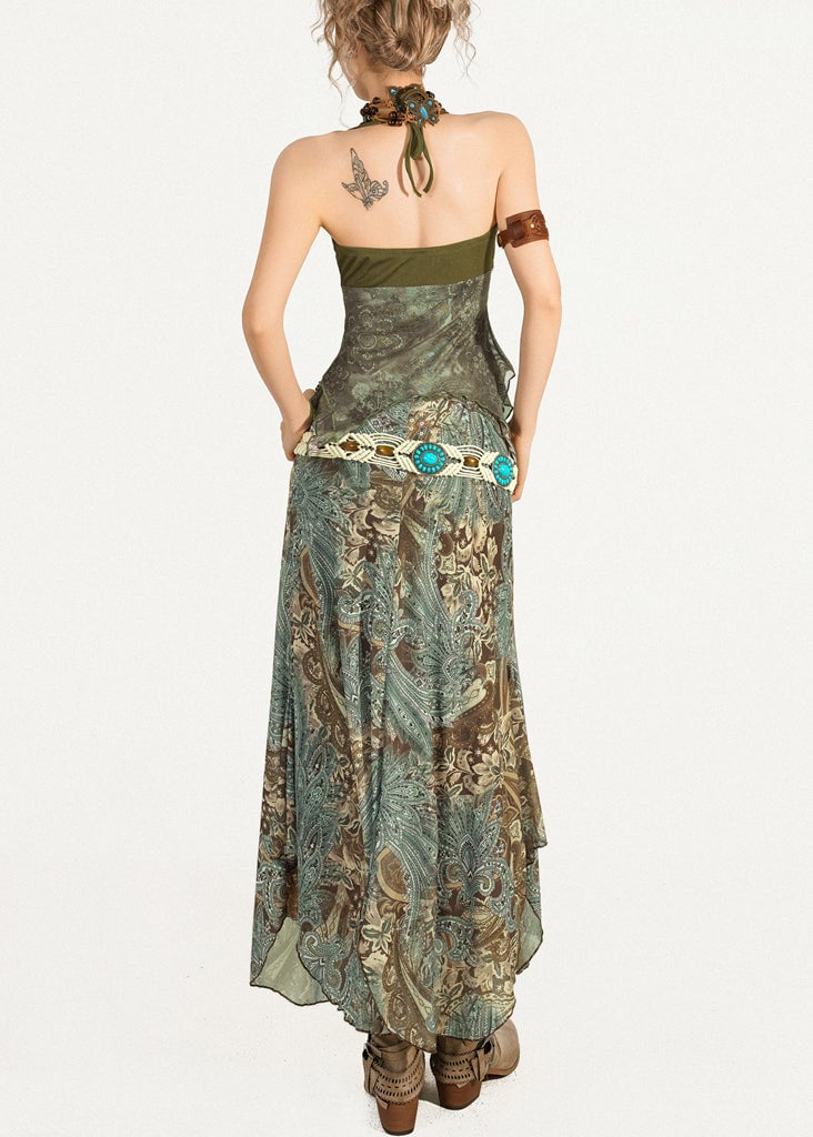 Chic Green Print Top And Maxi Skirts Two Pieces Set Sleeveless
