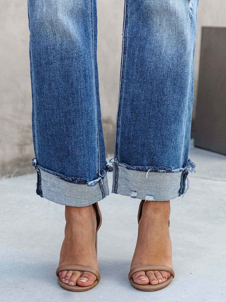 Street Solid Make Old Asymmetrical Straight Denim Jeans