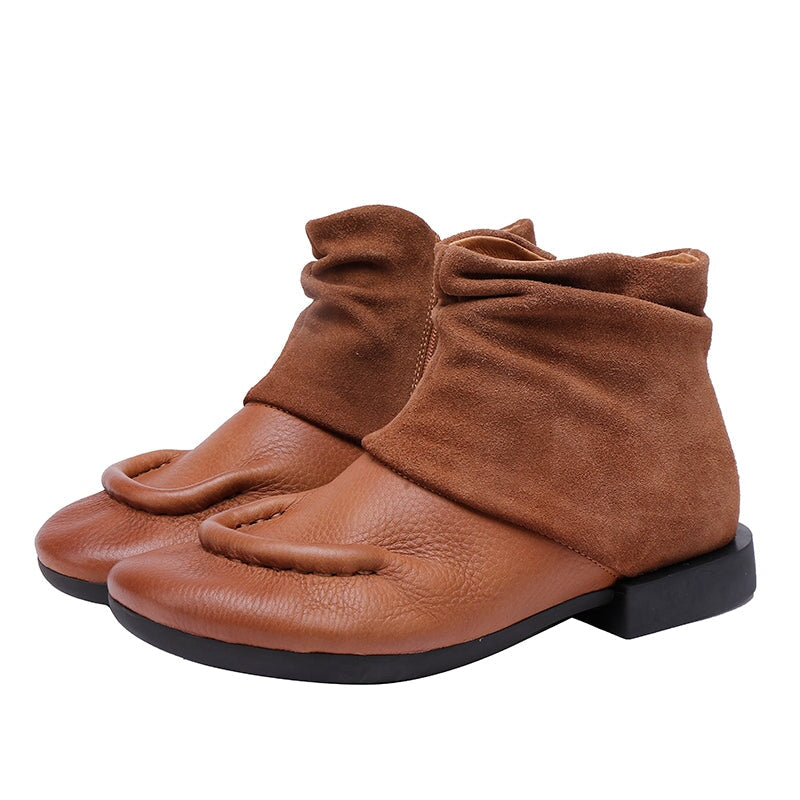 Handmade Soft Leather Ankle Boots For Women Splicing Design in Coffee/Black
