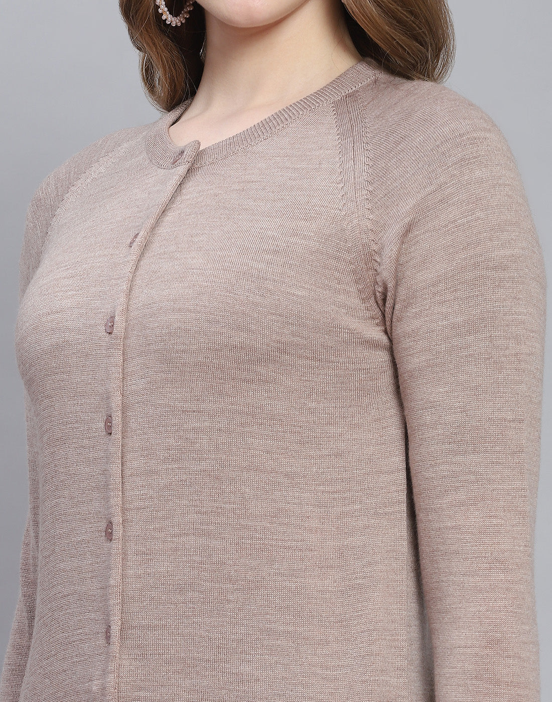 Women Beige Solid Round Neck Full Sleeve Cardigan