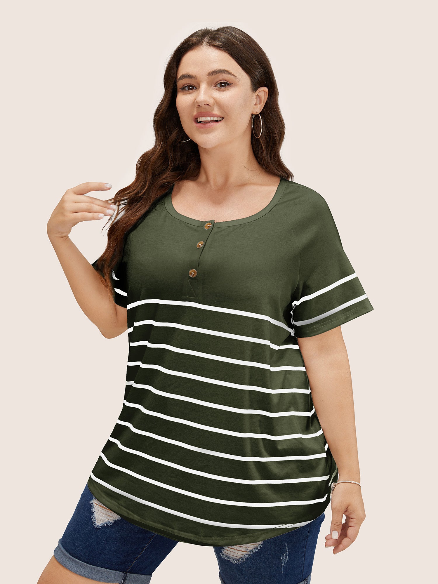 Striped Print Raglan Sleeve Button Up T-shirt