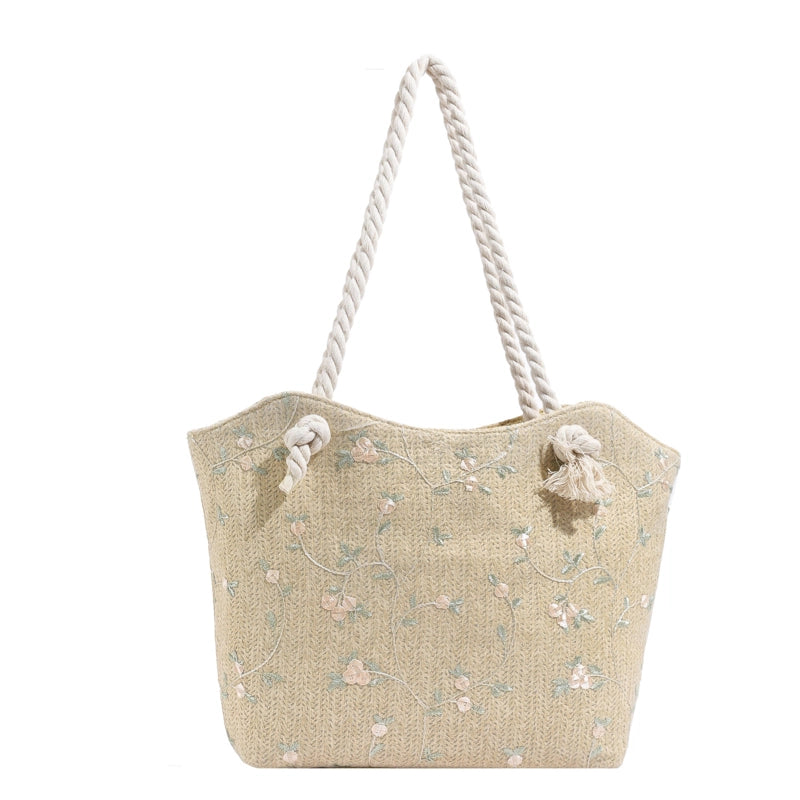 Women's Large Straw Solid Color Basic Classic Style Zipper Straw Bag