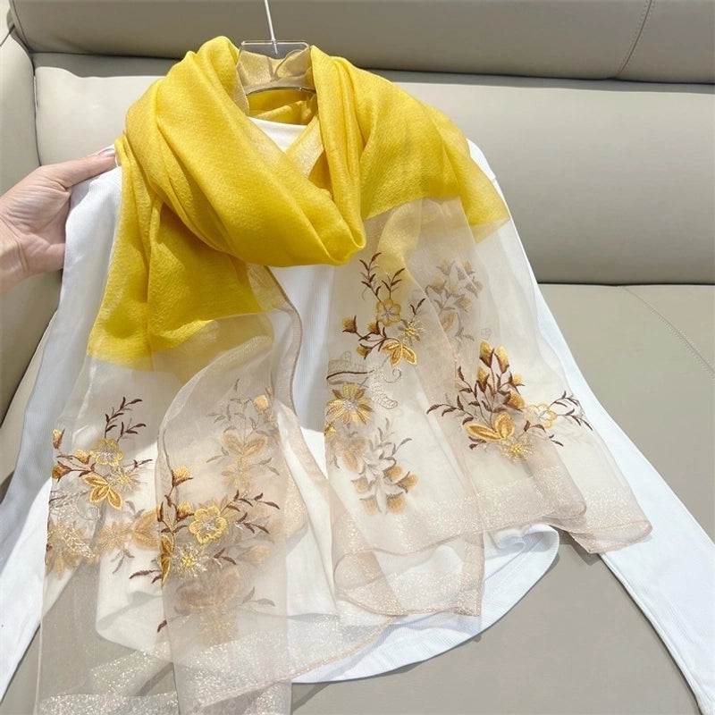 Women's Elegant Flower Polyester Embroidery Silk Scarf