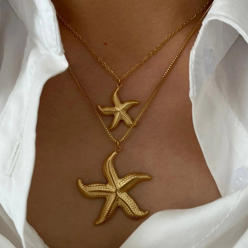 Marine Style Starfish Conch Shell 316L Stainless Steel  18K Gold Plated Pendant Necklace
