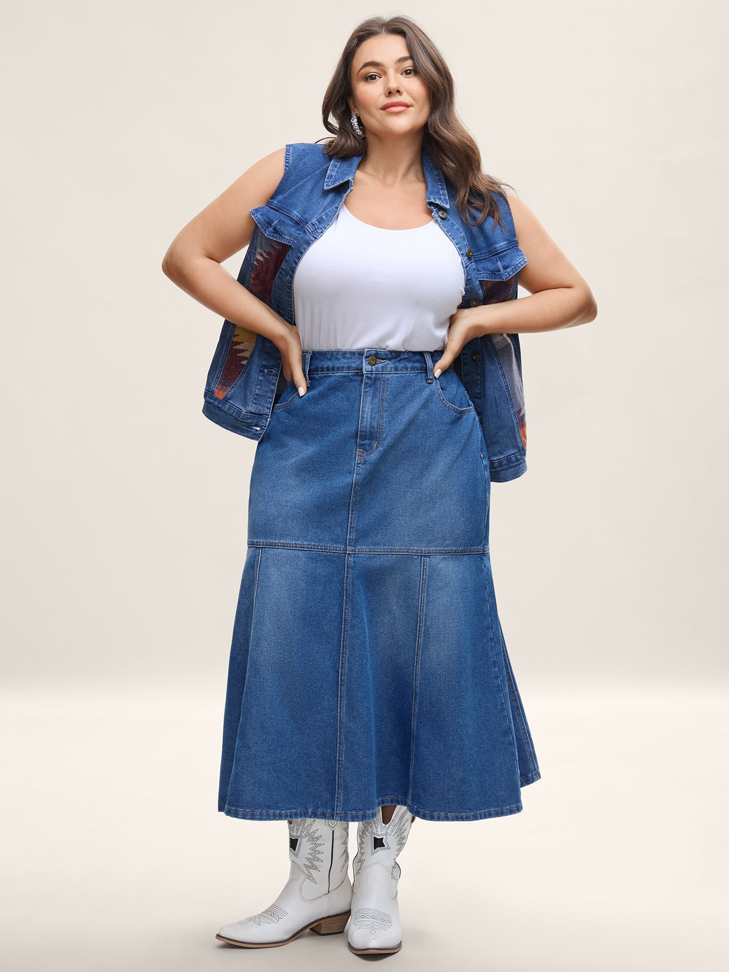 A-Line Seamed Maxi Denim Skirt