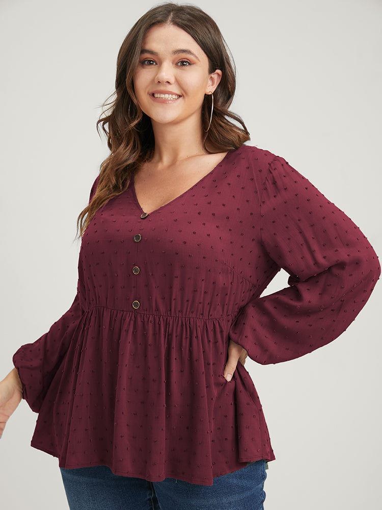 Polka Dot Flutter Button Detail Lantern Sleeve Blouse