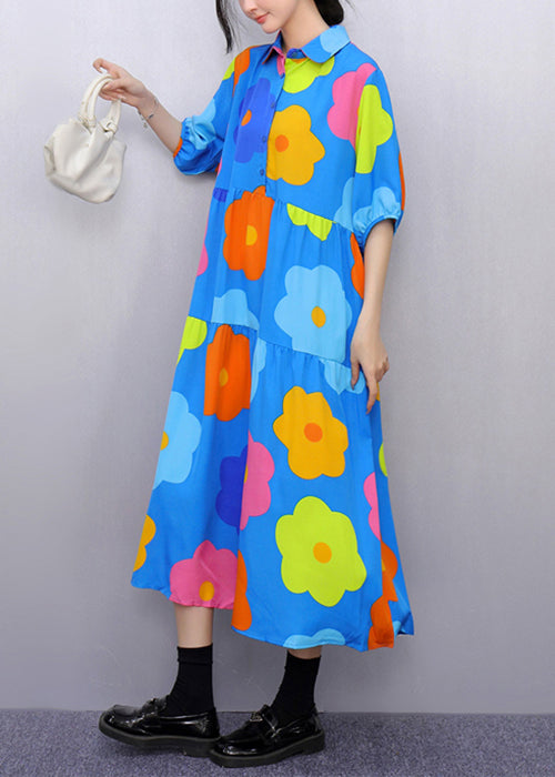 Fashion Blue Print Pockets Patchwork Cotton Blouses Dresses Half Sleeve Summer