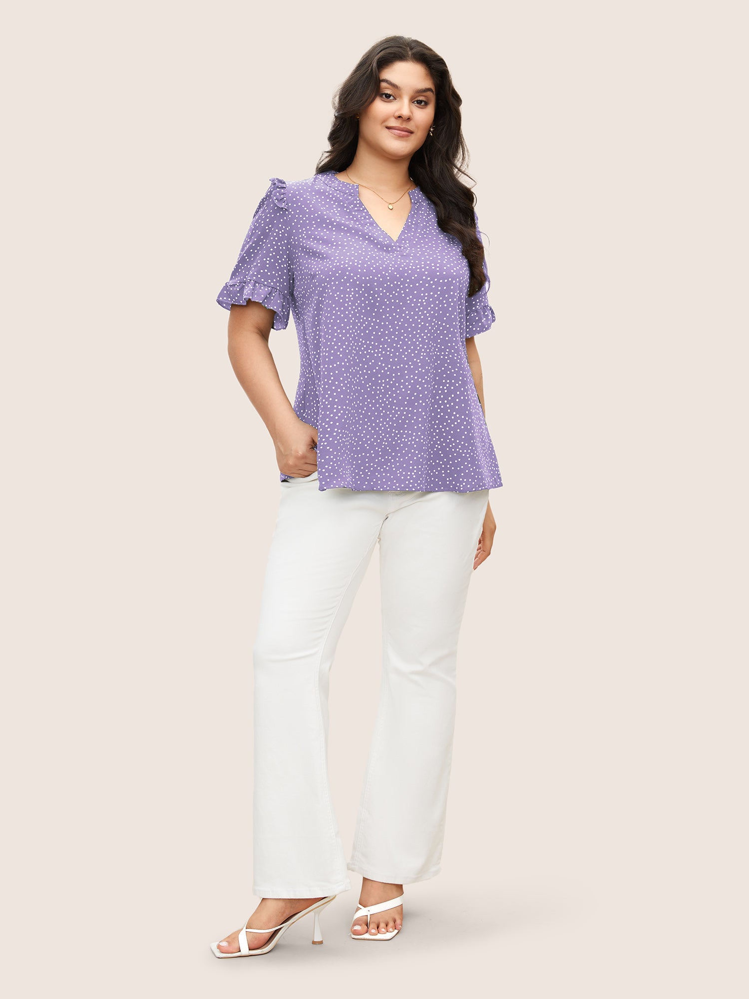 Polka Dot V Neck Ruffle Trim Blouse