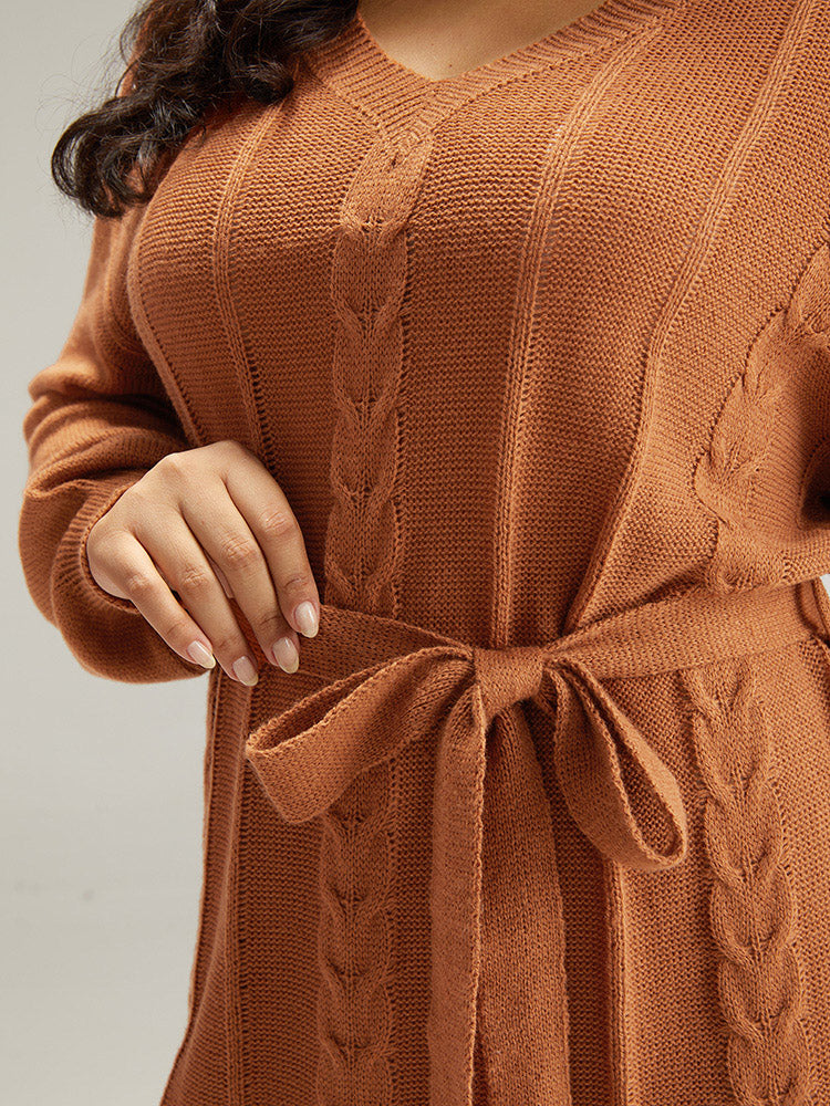 Cable Knit Belted Lantern Sleeve Sweater Dress