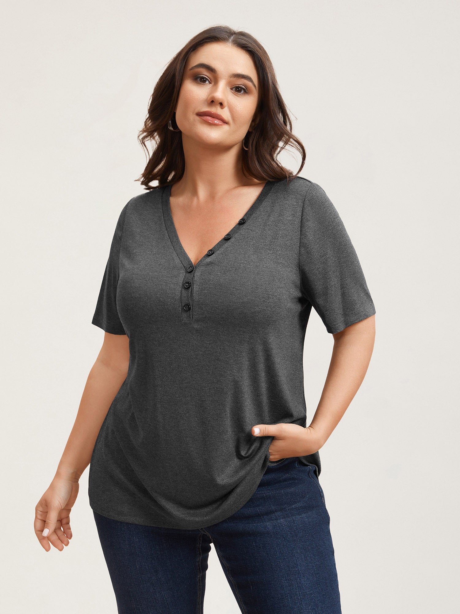Adjustable Neck Coverage Button Placket T-Shirt