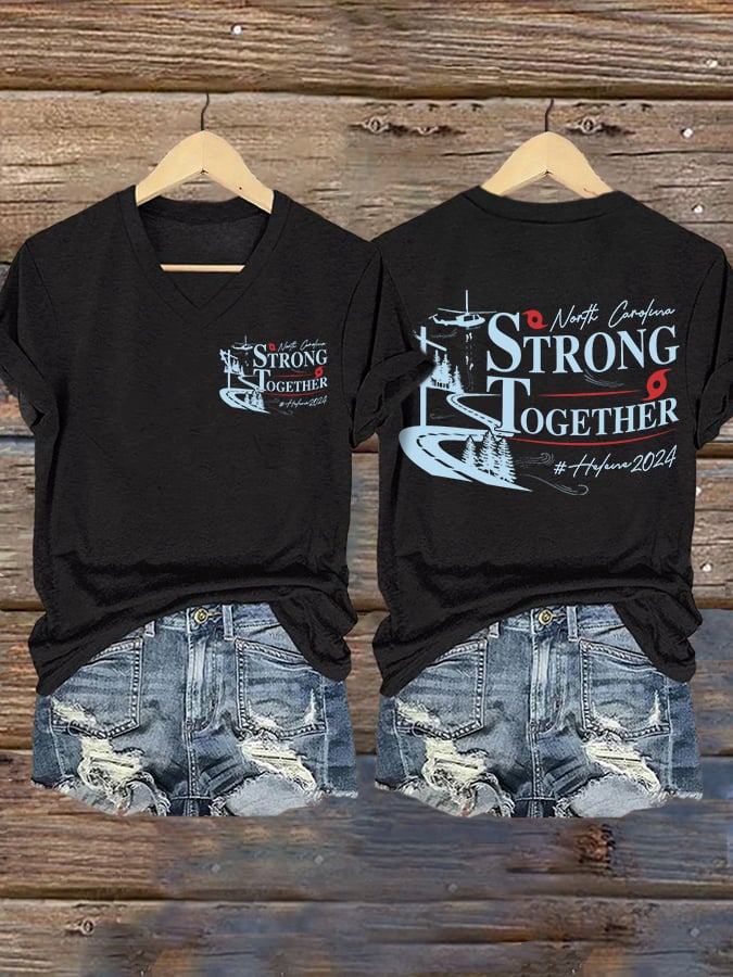 V-neck Retro North Carolina Strong Together Helene Hurricane 2024 Print T-Shirt