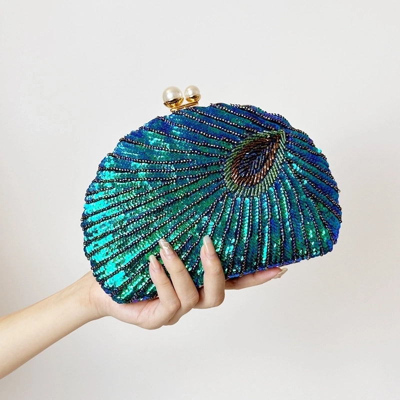 Blue Black Gold Metal Feather Beading Sequins Shell Evening Bags