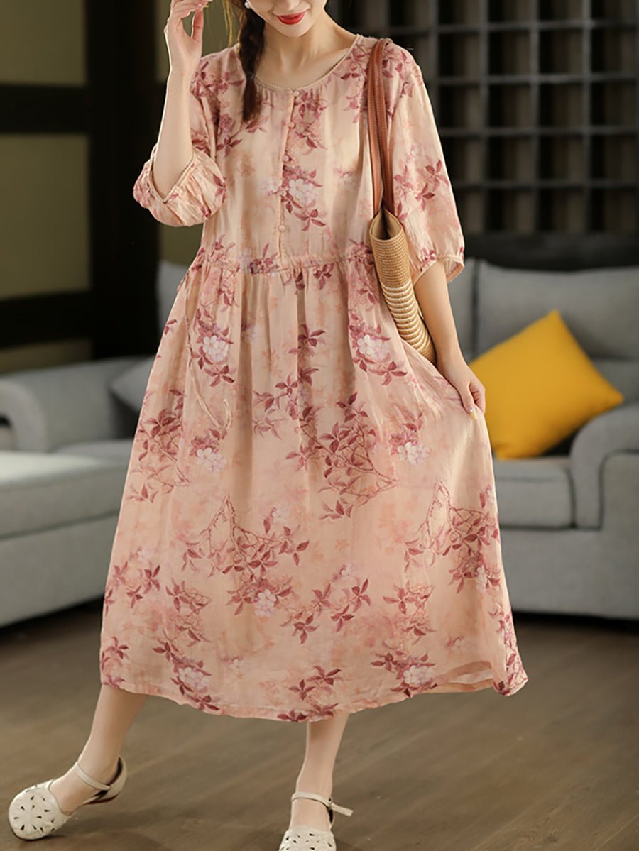 Women Summer Artsy Flower O-Neck 100%Ramie Dress