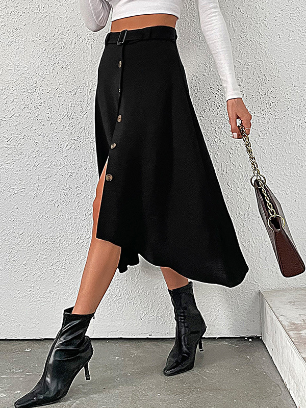 A-line High Waisted Buckle Buttoned Solid Color Skirts Bottoms