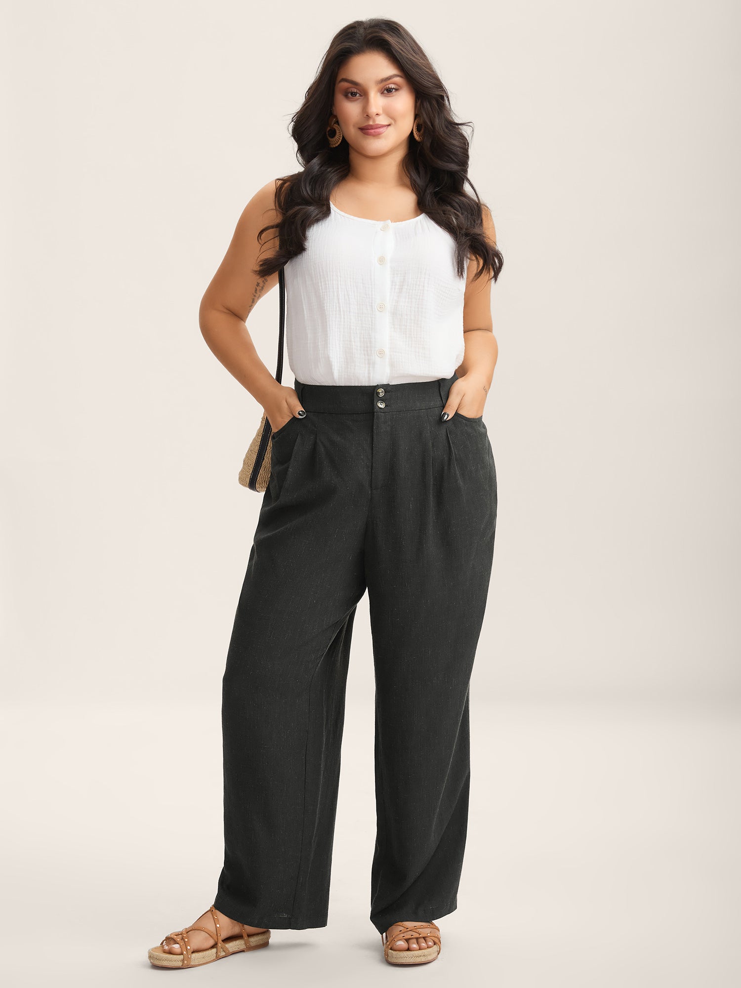 Rayon-Linen Pleated Straight-Leg Pants