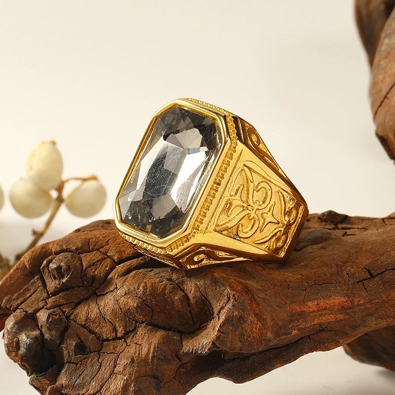 Retro Square Titanium Steel Plating Inlay Artificial Gemstones Rings