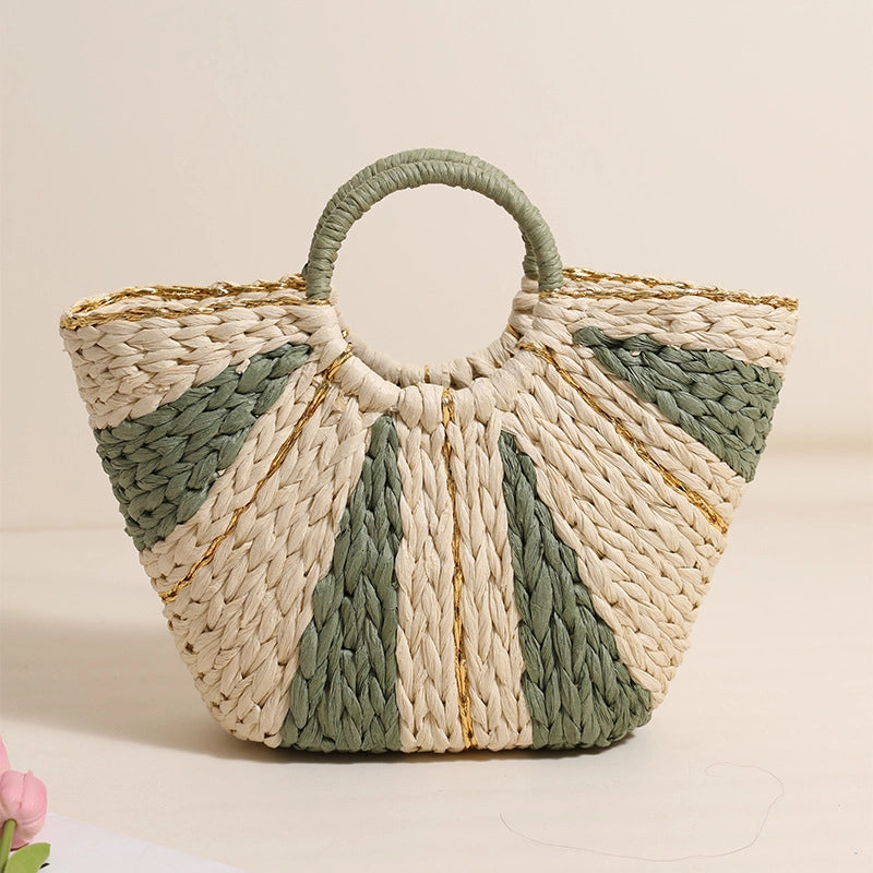 Women's Medium Straw Color Block Vacation Classic Style Weave Bucket Open Straw Bag