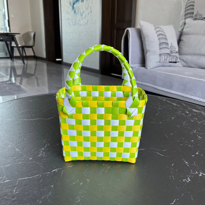 Women's PVC Color Block Plaid Vacation Weave Square Open Square Bag