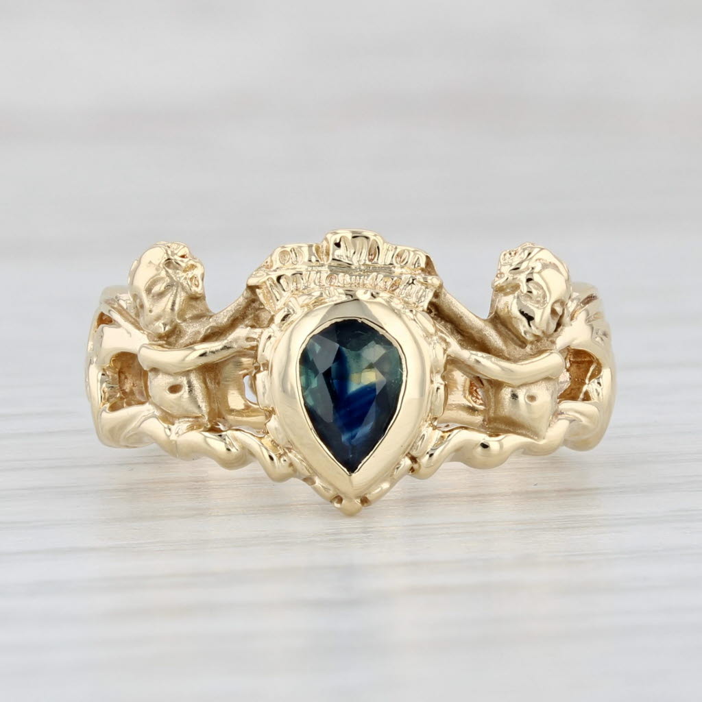 0.41ct Blue Sapphire Teardrop Ring 18k Yellow Gold Size 7 Heraldic Cherubs