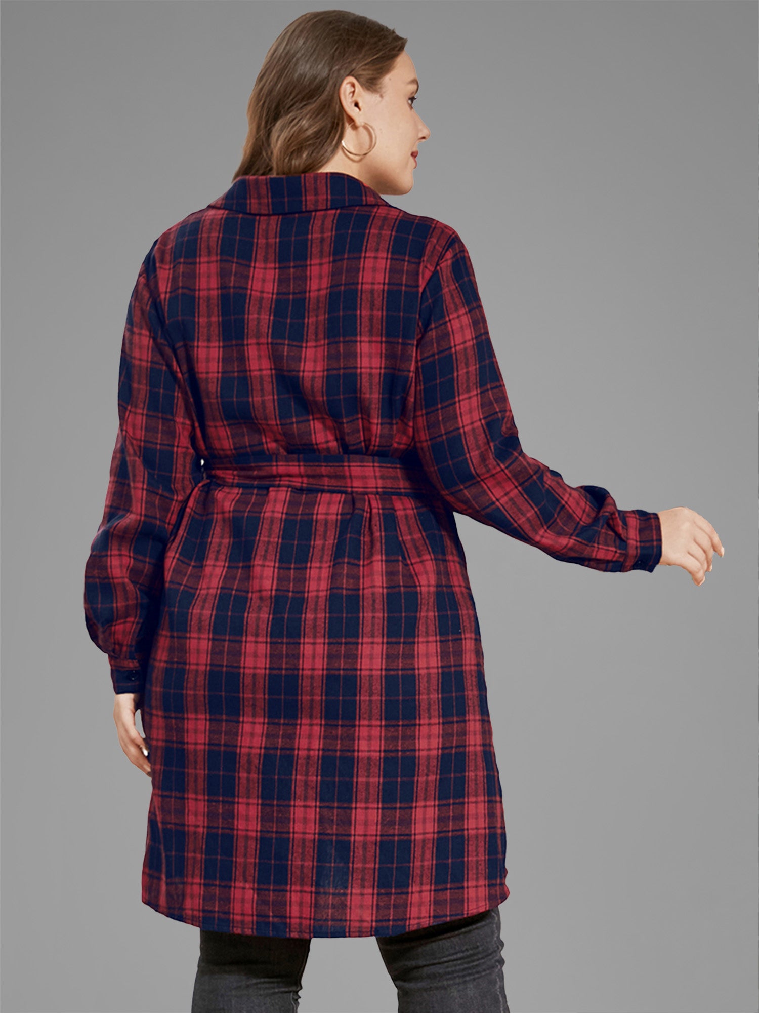 Plaid Button Up Asymmetrical Hem Belted Blouse