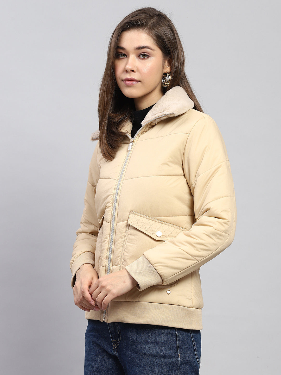 Women Beige Self Design Collar Full Sleeve Jacket