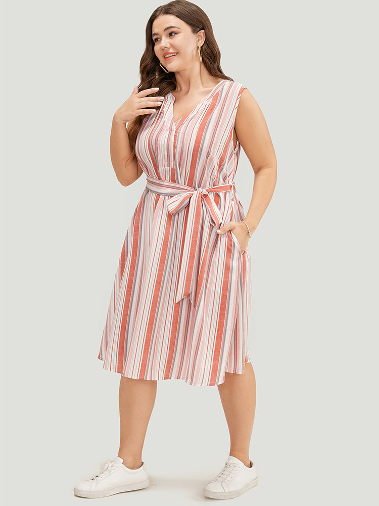 Striped Contrast Belted Pocket Notched Tank Dress