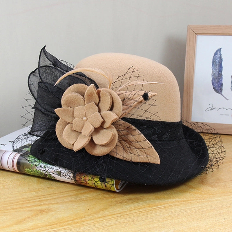 Wool Hat Women's Autumn And Winter  Vintage Basin Hat Hepburn Mesh Flower Curled Top Hat