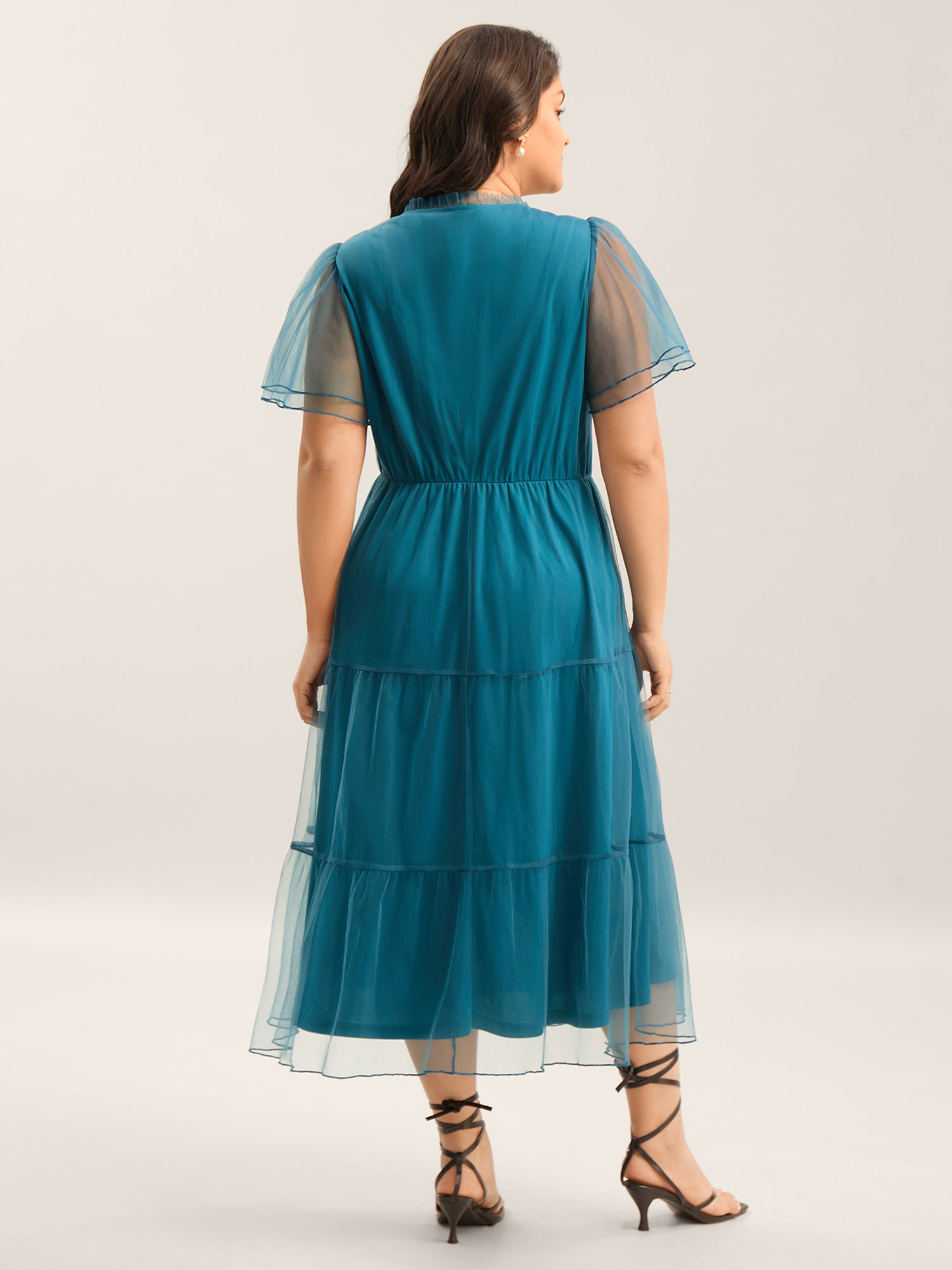 Stretchy Waist Neck Tie Sheer Midi Dress