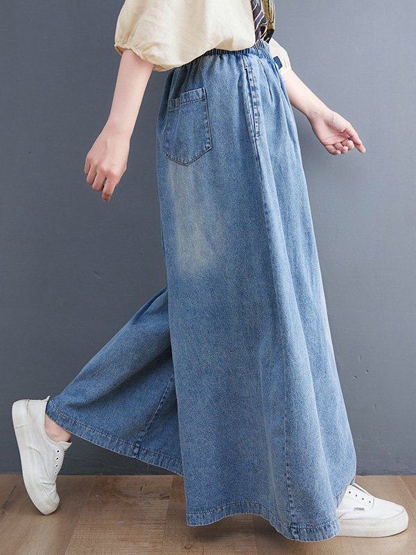 Simple Casual Loose Wide Leg Drawstring Jean Pants