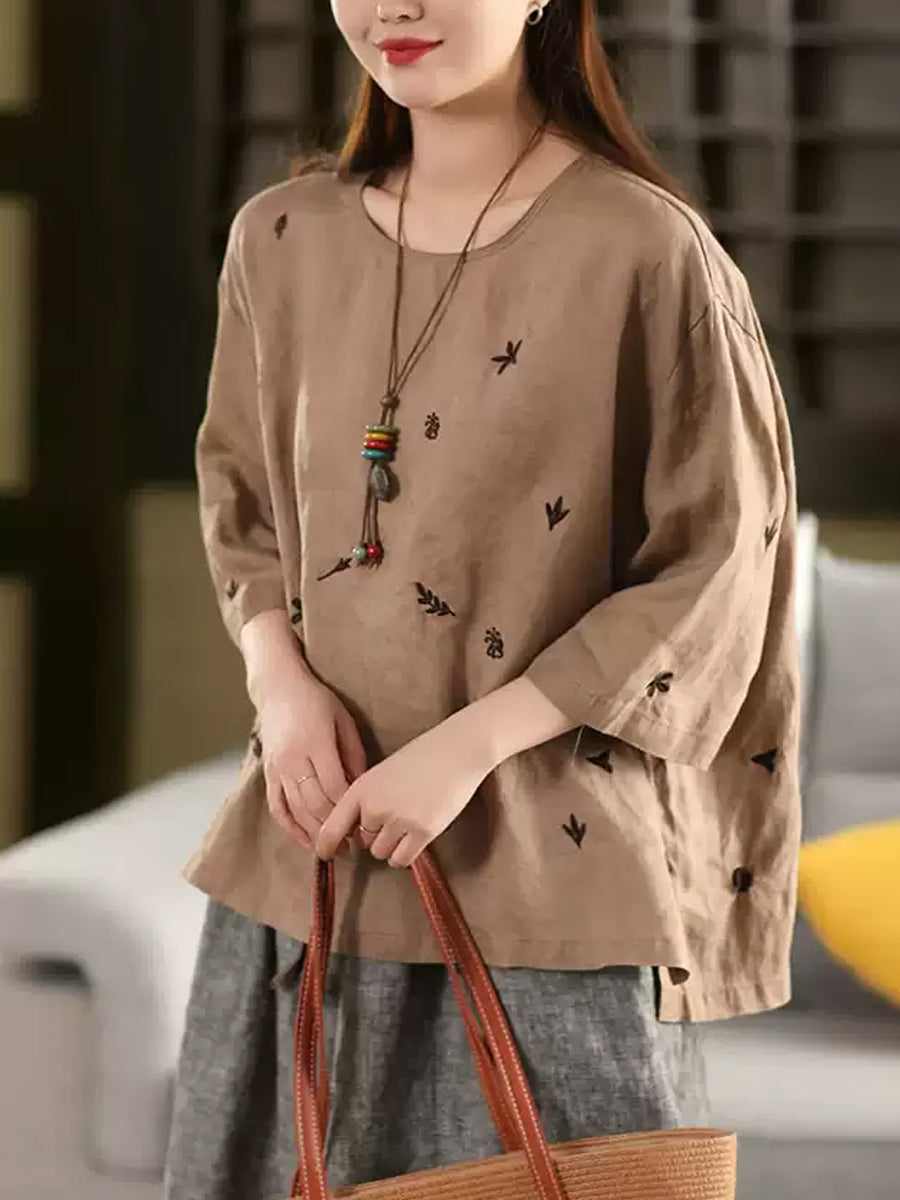 Women Spring O-Neck Flower Embroidery 100%Linen Shirt