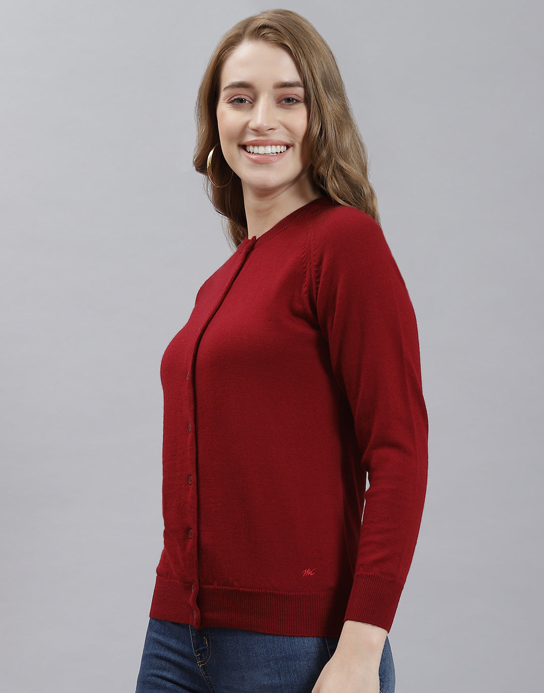 Women Maroon Solid Round Neck Full Sleeve Cardigan