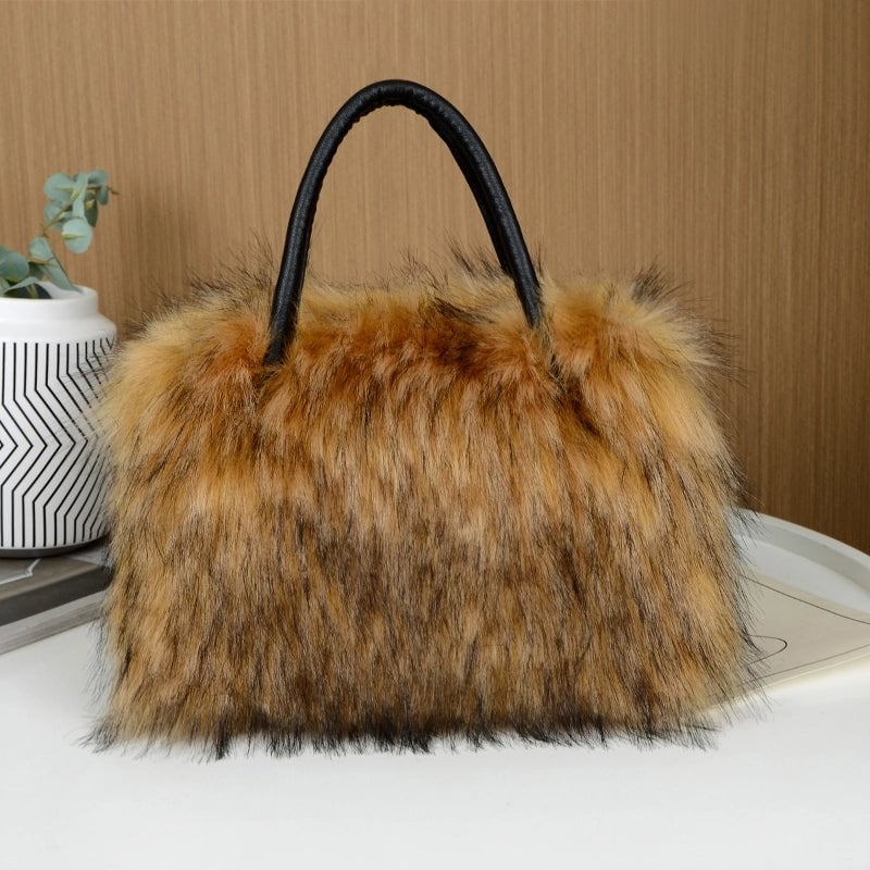 Women's Large Imitation Fur Solid Color Basic Classic Style Square Zipper Tote Bag