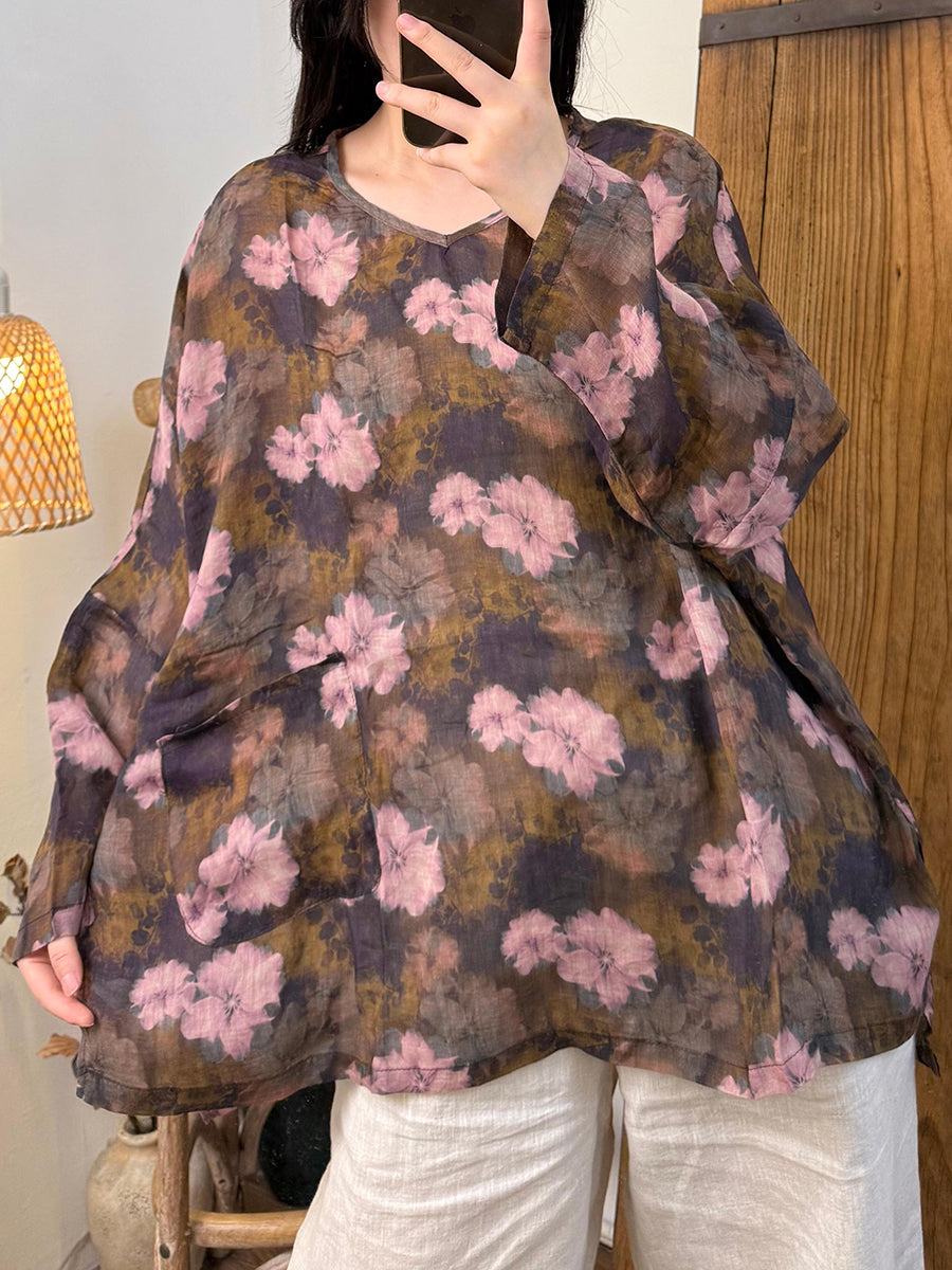 Women Summer Artsy Flower Ramie V-Neck Shirt